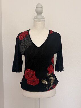 Gerry Weber Floral Embroidered Beaded Mesh V-Neck Top | XXS–XS